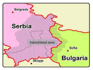 A map of eastern Serbia and Western Bulgaria, with an area of hatching straddling the border between the two countries