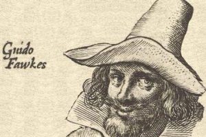A close up of the face of Guy Fawkes, labelled Guido Fawkes, from a depiction of several conspirators together